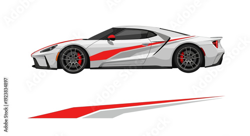 White high‑performance sports car with red and gray racing graphics.