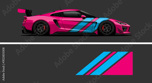 Vibrant neon sports car with cyan and magenta livery and bold stripe accents in a dark studio setting.