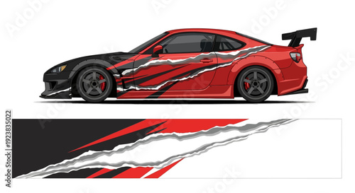 Red sports car illustration with dynamic racing streaks and futuristic styling.