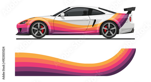 Colorful race car with dynamic gradient flames and swoosh graphic on white background.