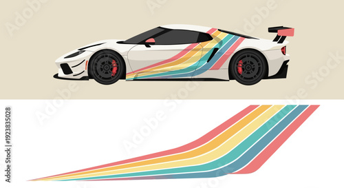 White race car with rainbow swoosh decals and bold colorful stripes design.