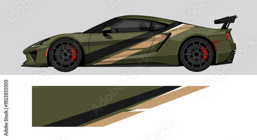 Sleek olive camouflage sports car viewed in profile with bold aerodynamic lines.