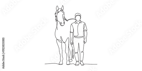 line, art, drawing, minimalist, horse, man, person, animal, equestrian, companion, simple, continuous, sketch, illustration, outline, black, white, standing, nature, bond, friendship, farm, ranch, rid