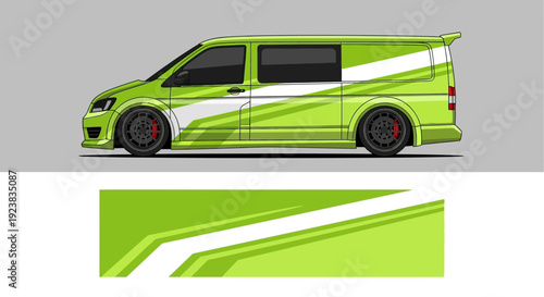 Green lime van sideview illustration featuring bold stripes and dynamic design for transport and automotive appeal.