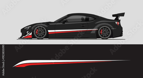 Sleek black sports car silhouette with bold red stripe and dynamic profile view.