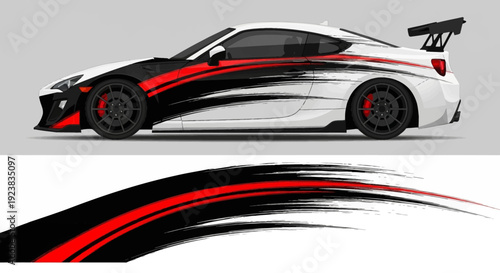 Sporty white and red race car with dynamic graphic stripes on a sleek track.