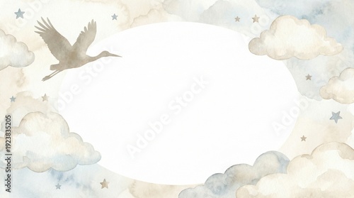 Watercolor stork flying with clouds and stars background. Neutral baby shower or birth announcement template with copy space.
