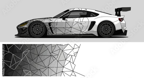 White racecar with polygonal geometric mesh design and aerodynamic features.