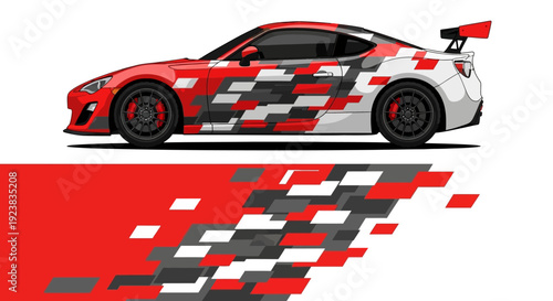 Red, White, and Black Racecar with Pixelated Trailing Pattern in Motion.