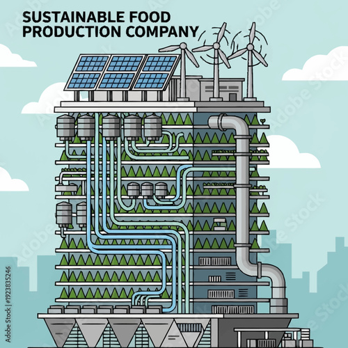 Futuristic sustainable food production facility with renewable energy sources.