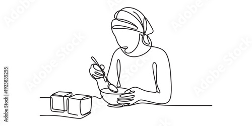Continuous line drawing of a woman wearing a headscarf eating from a bowl at a table Vector, illustration