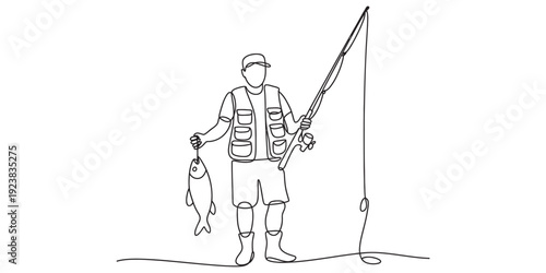Continuous line drawing of a happy fisherman holding his catch and a fishing rod Vector, illustration