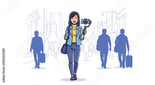 A young woman walks down a busy city street holding a camera and phone while vlogging with a smartphone, surrounded by silhouettes of people.