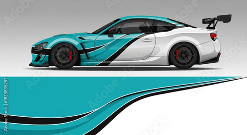 Sleek turquoise and white sports car with bold graphic decals.