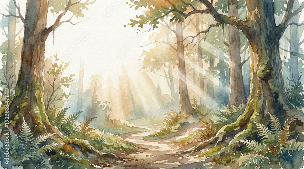Obraz premium Watercolor forest path with sun rays through trees and ferns. Hand-painted nature landscape with soft light and earthy tones.