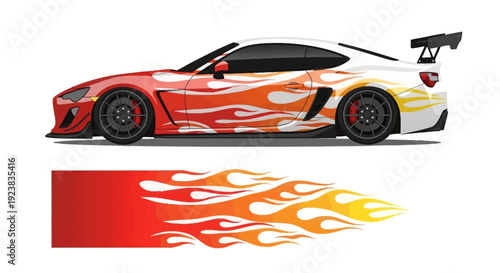 Sleek race car with orange flame graphics and spoiler design across aerodynamic body.