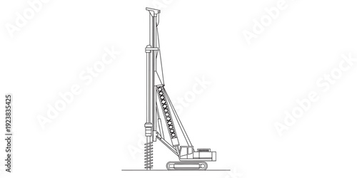 Line drawing of a heavy duty tracked drilling rig used for foundation work and soil investigation. Vector, illustration