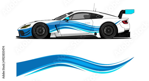 Blue and white racing car with dynamic swoosh graphic elements and sleek design.