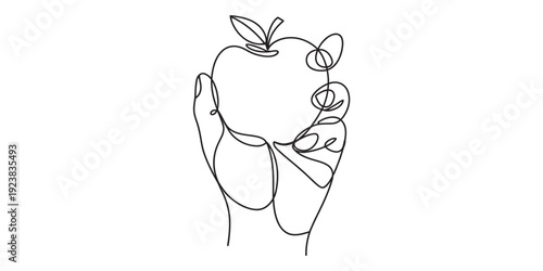Single line art illustration of a hand gently cradling a ripe apple with small leaves. Vector, illustration