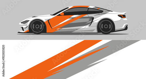Sleek orange and white race car with gray graphic accents ready for the track.