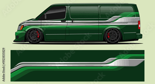 Green Retro Van Illustration with Chrome Accents and Side Profile Artwork.