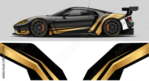 Sleek black race car with gold accents featuring an aerodynamic silhouette and prominent rear spoiler.