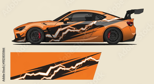 Vibrant orange sports car with bold graphic stripes and aerodynamic design on a sleek surface.