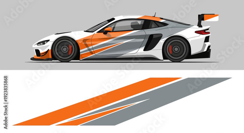 Sleek orange and white race car illustration with dynamic gray accents and vector design.