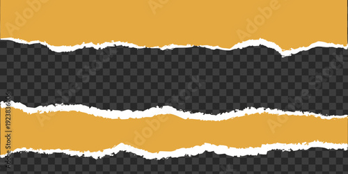 Torn Paper Effect: Strips of ochre paper with a rugged, torn edge reveal a checkered translucent backdrop. Emphasizing texture, space, and a unique design element.