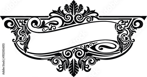 Baroque horizontal scroll banner with leaf accents and intricate swirl patterns black vector frame for elegant headings certificates wedding invitations and classic titles.