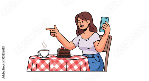 A cheerful young woman sits at a table with a cup of coffee and cake, pointing while talking on her phone with a lively mood.