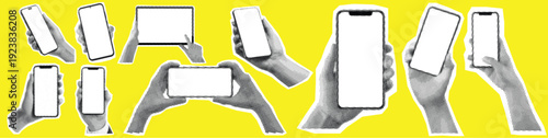 Halftone digital communication concept—hands holding mobile devices with empty displays on yellow background