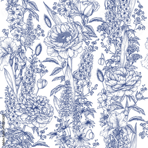 Seamless vector pattern with blooming inflorescences. Peonies, lupines, delphiniums, campanulas, irises. Delicate floral print. Floral wallpaper.