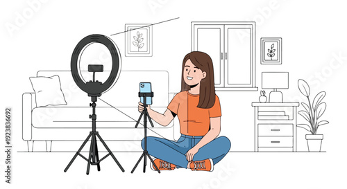 A young woman sits cross-legged on the floor, holding a smartphone while filming with a ring light and tripod setup in a cozy living room, capturing a vlogging moment.