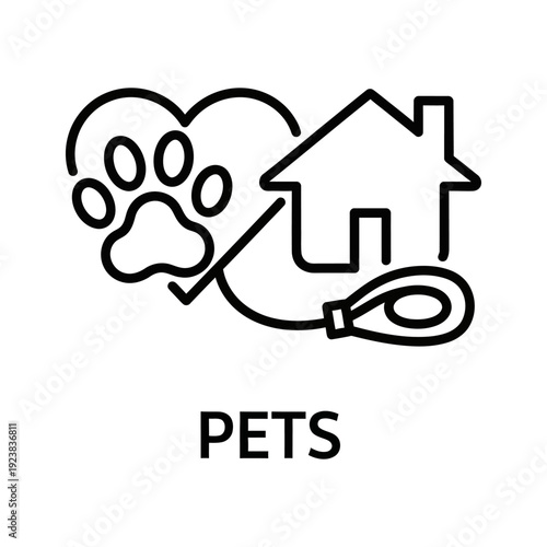 Minimalist black and white line art of a house with paw prints, ideal for pet care, adoption, and animal-themed designs and printables.