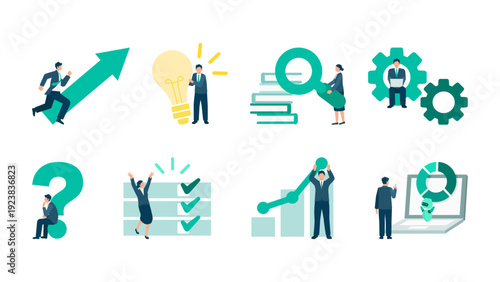 Business Concept Illustration Set Featuring Businessman with Gears, Light Bulb, Growth Chart and Arrows Representing Workflow Optimization and Digital Transformation