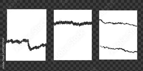 Torn Papers on Checkered: Three rectangular sheets of paper with raw, jagged tears along the edges are isolated against a subtle, checkered backdrop.
