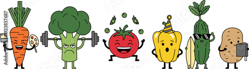 Collection Of Cute Cartoon Vegetables Exercising And Having Fun White Background