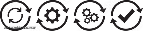 Set of four black circular icons representing different stages of a process on a white background indicating workflow and task management.