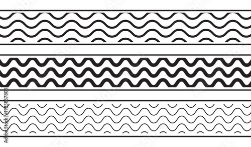 Set of horizontal borders with wave pattern isolated on white background. Tapes or ribbons with curvy print. Design elements with simple undulated ornament. Vector graphic illustration