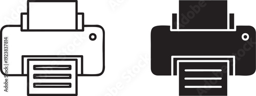 Simple black line illustration of a printer with paper tray on a white background in two different styles outline and filled.