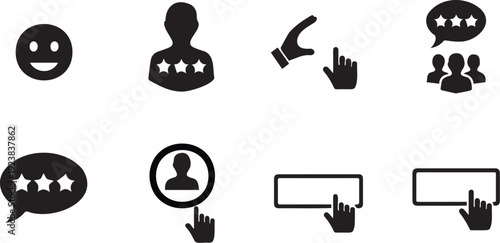 Set of black icons representing customer feedback and rating on a white background for user interface design and customer review applications.