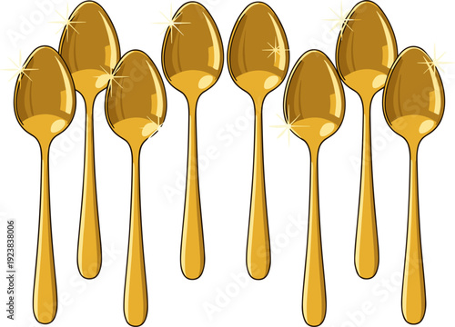 Group Of Golden Spoons Shining On White Background