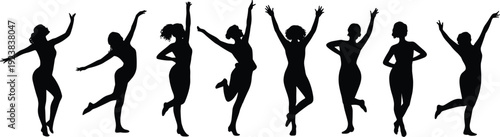 Dancing women silhouettes collection, female dancers in energetic poses vector illustration set, isolated black figures for party, celebration, performance and entertainment design
