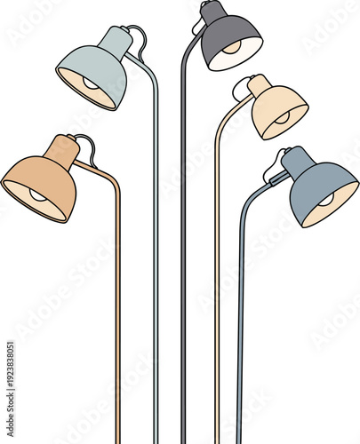Multiple Desk Lamps In Various Pastel Colors And Heights On White Background