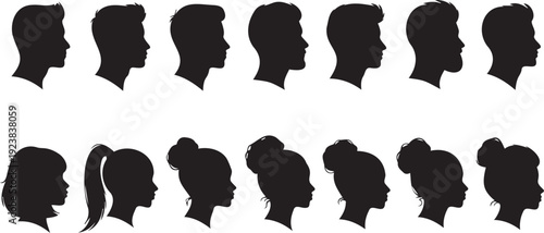 Collection of diverse male and female silhouettes showcasing various hairstyles and profiles in a clean and minimalist design.