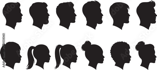 Collection of diverse male and female silhouettes in profile showcasing various hairstyles and facial profiles in black on a white background for design and illustration purposes effectively.