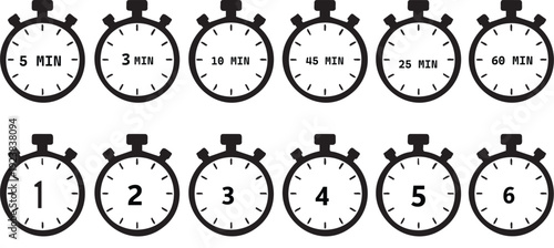 Collection of stopwatch icons displaying various time intervals in minutes and numbered countdowns for timing and scheduling purposes in a simple black and white design.