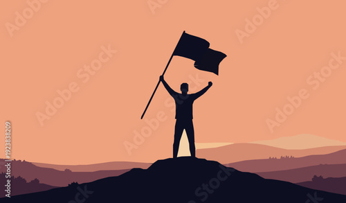 Man holding flag on mountain peak victory vector illustration