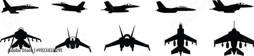 Fighter jet silhouettes collection in side and front views, military aircraft vector illustration set, isolated black warplane icons for aviation, defense, and air force design